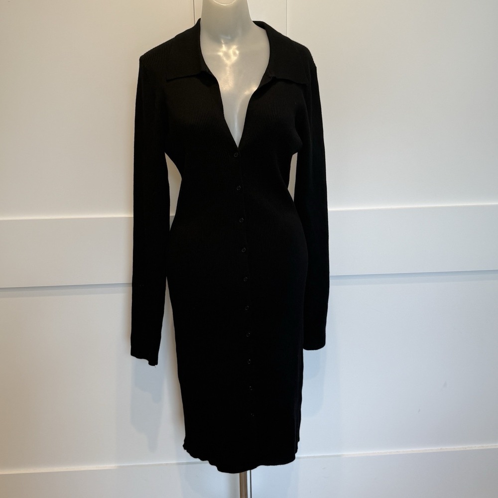 House‎ of Harlow 1960 Ribbed Knit Black Polo Midi Dress Long Sleeve Size Large